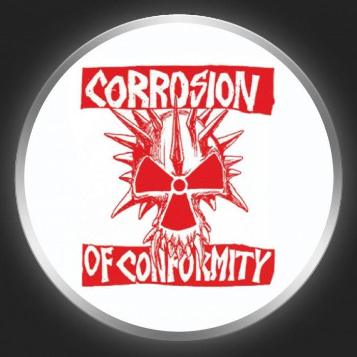 CORROSION OF CONFORMITY - Red Logo + Skull On White Button