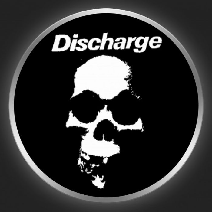 DISCHARGE - White Logo And Skull On Black Button