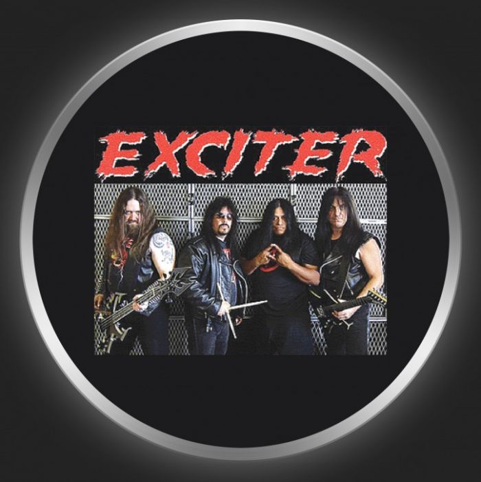 EXCITER - Red Logo + Band Photo On Black Button