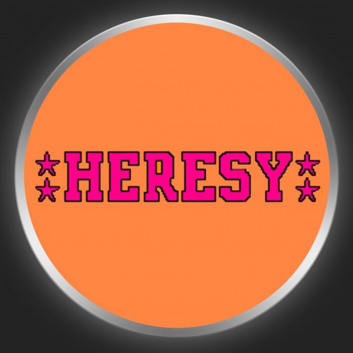 HERESY - Red Logo On Orange Button