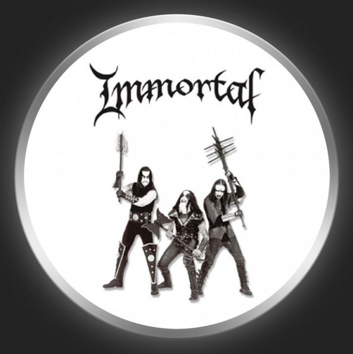 IMMORTAL - Black Logo + Band Photo On White Button