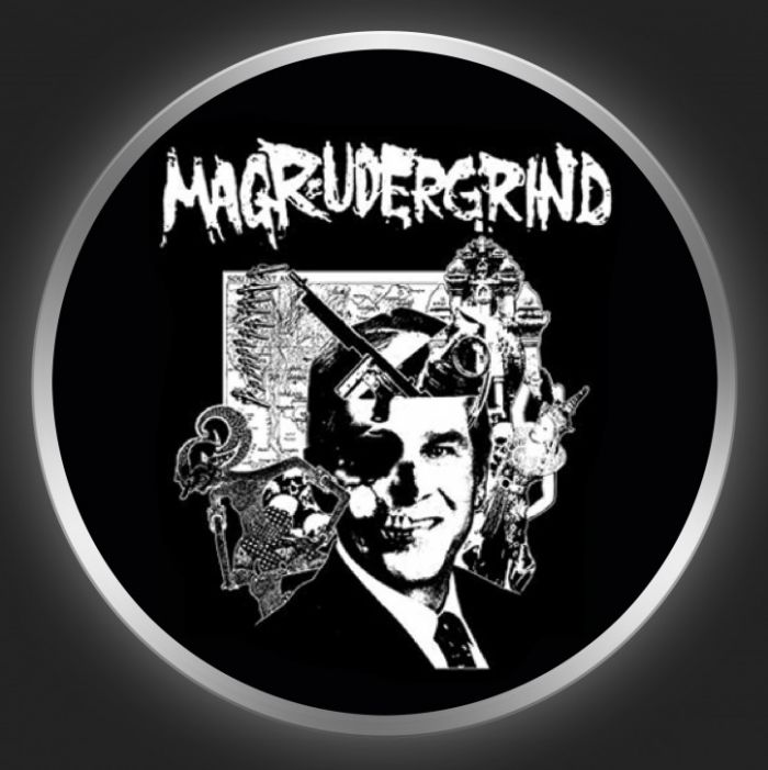 MAGRUDERGRIND - White Logo + Head On Black Button