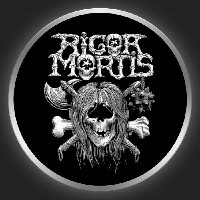 RIGOR MORTIS - Logo + Skull On Black Button