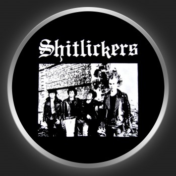 SHITLICKERS - White Logo + Band Photo On Black Button