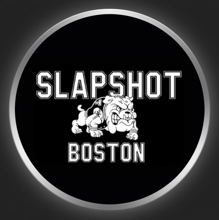 SLAPSHOT - White Logo + Bulldog On Black Button
