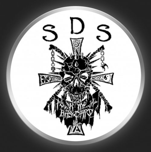 SOCIETY DEATH SLAUGHTER - Black Logo + Skull On White Button