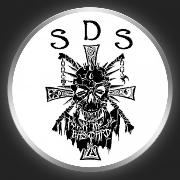 SOCIETY DEATH SLAUGHTER - Black Logo + Skull On White Button