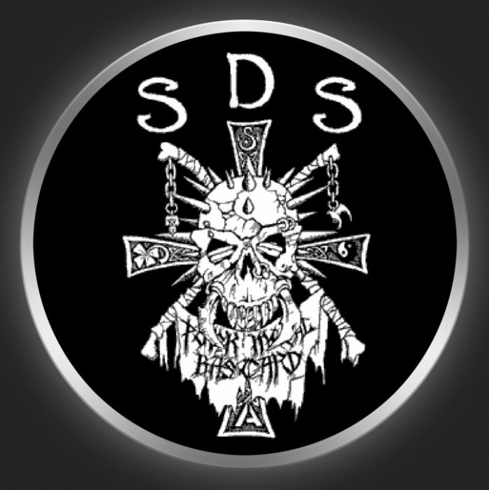 SOCIETY DEATH SLAUGHTER - White Logo + Skull On Black Button