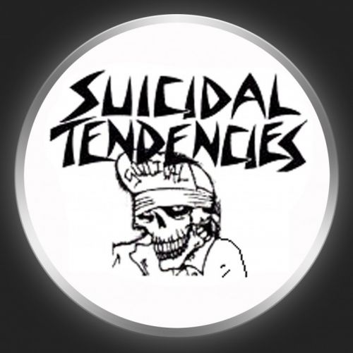 SUICIDAL TENDENCIES - Black Logo + Skull On White Button