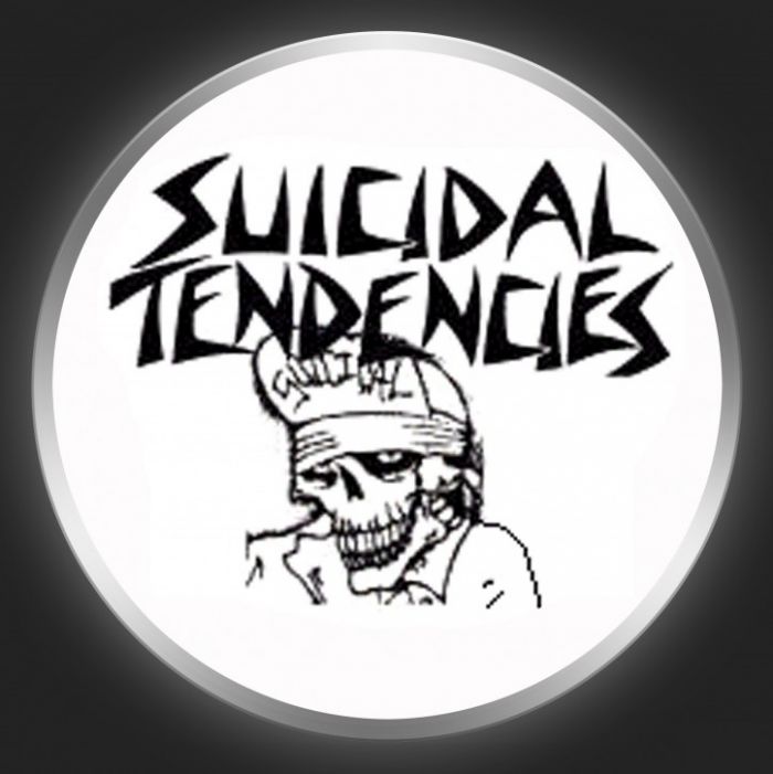 SUICIDAL TENDENCIES - Black Logo + Skull On White Button