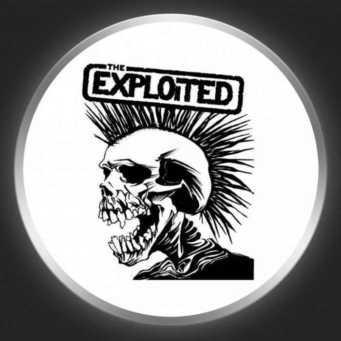 THE EXPLOITED - Black Logo + Skull On White Button
